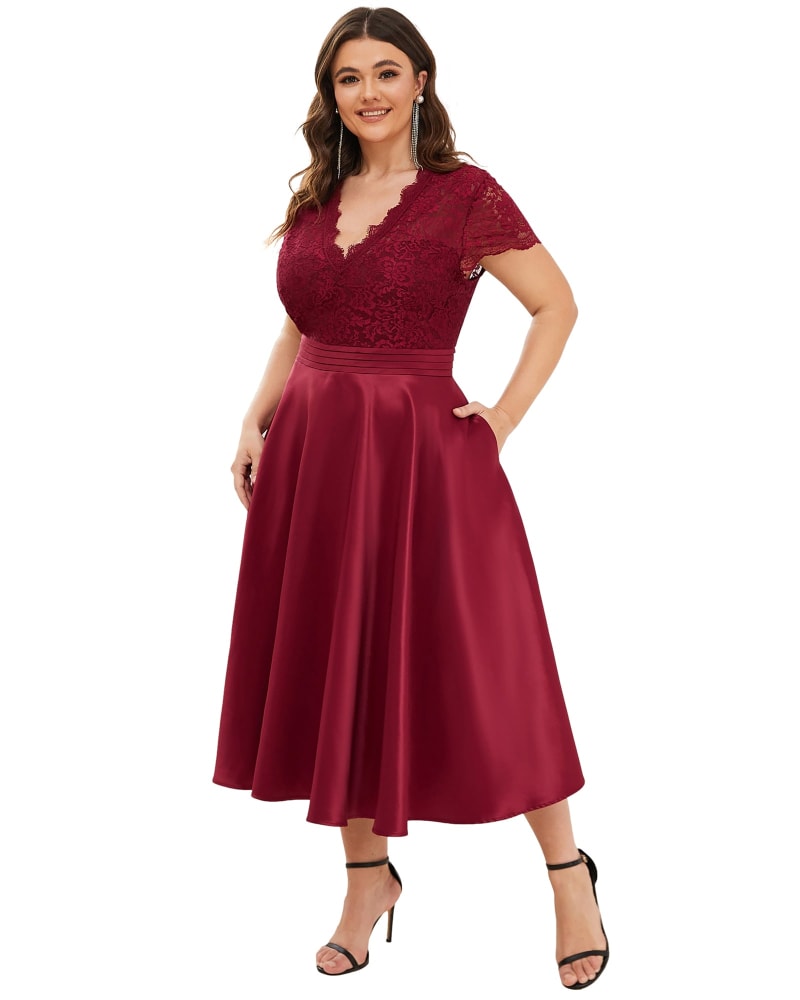 Front of a model wearing a size 22 Lace Cap Sleeve V neck Cocktail Dress in Burgundy by Ever-Pretty. | dia_product_style_image_id:284581